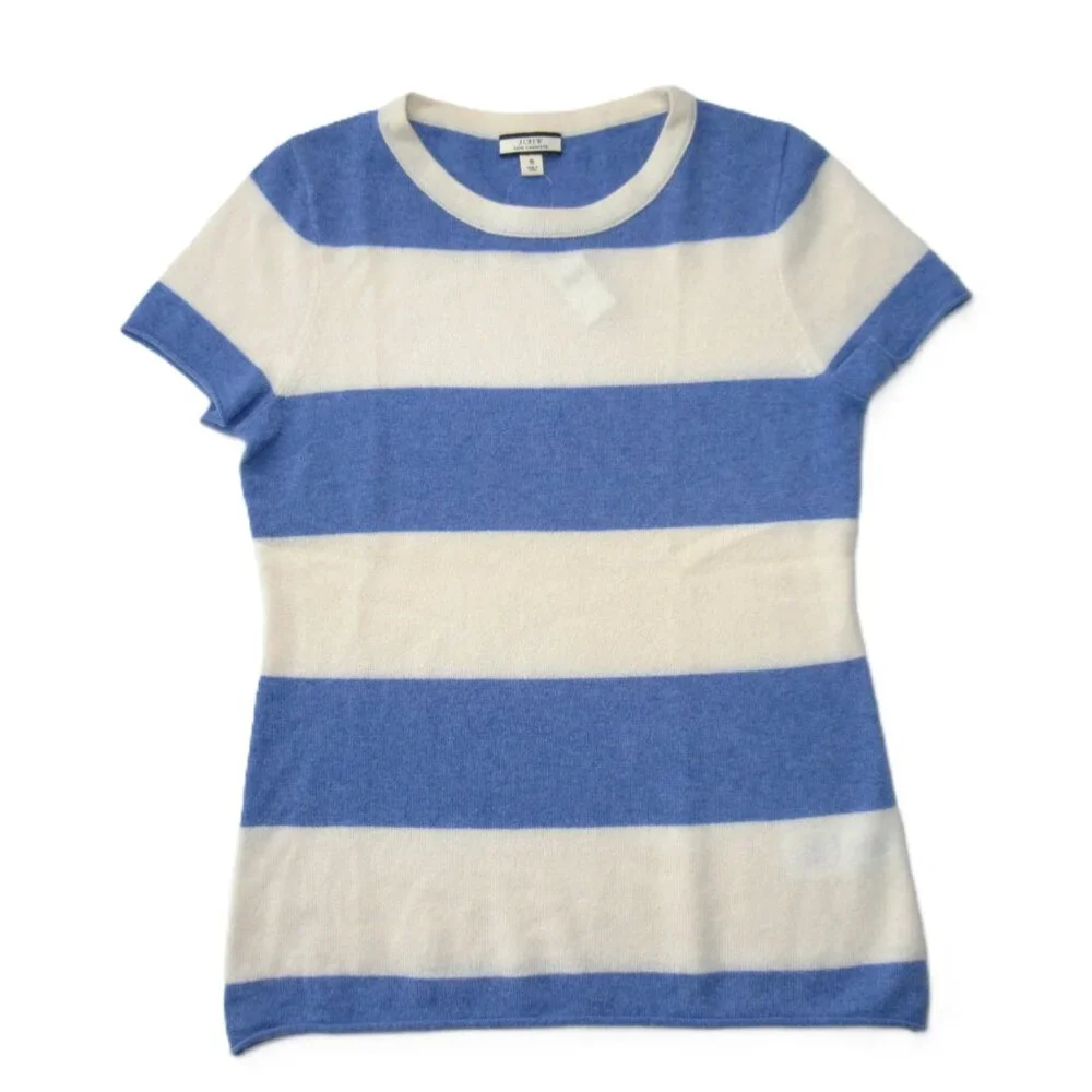 NWT J.Crew Short-Sleeve Cashmere T-shirt in Heather Blue Muslin Rugby Stripe S